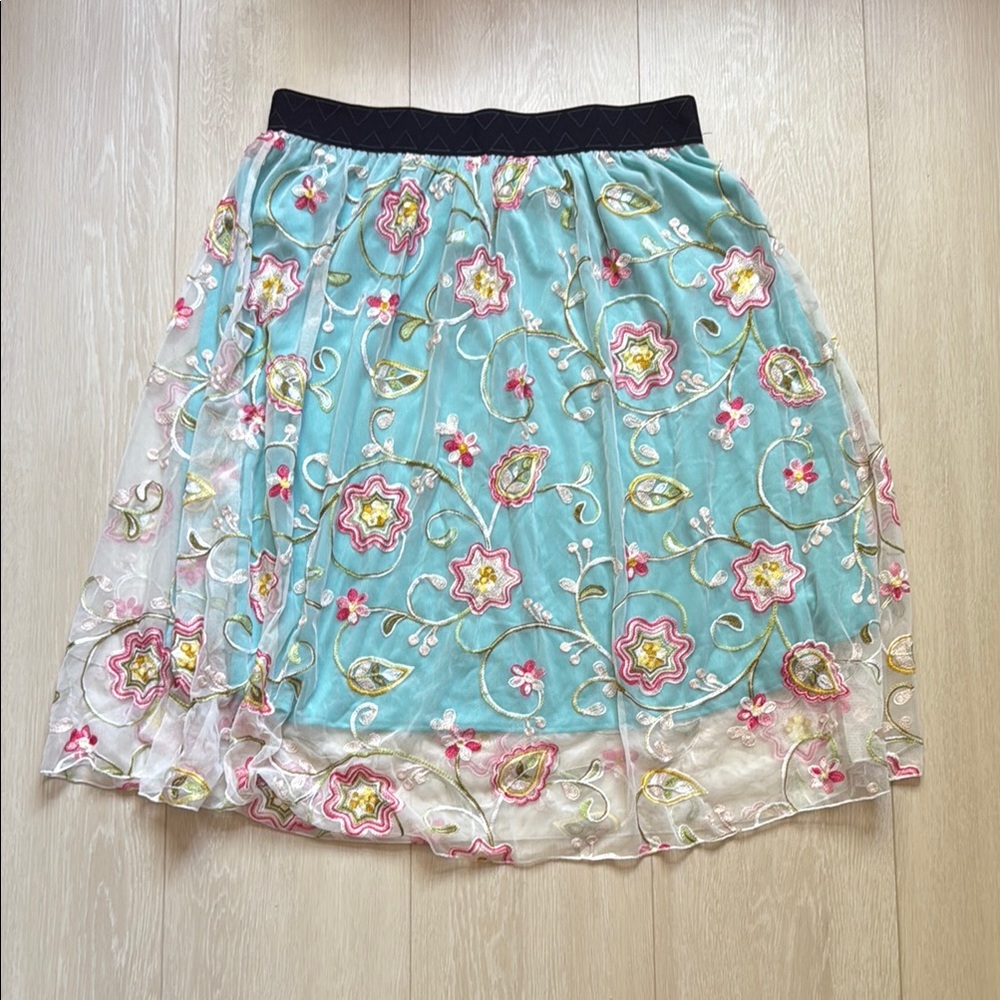 3/$10 LuLaRoe Blue Pink Floral White Lace Embellished A-Line Skirt
